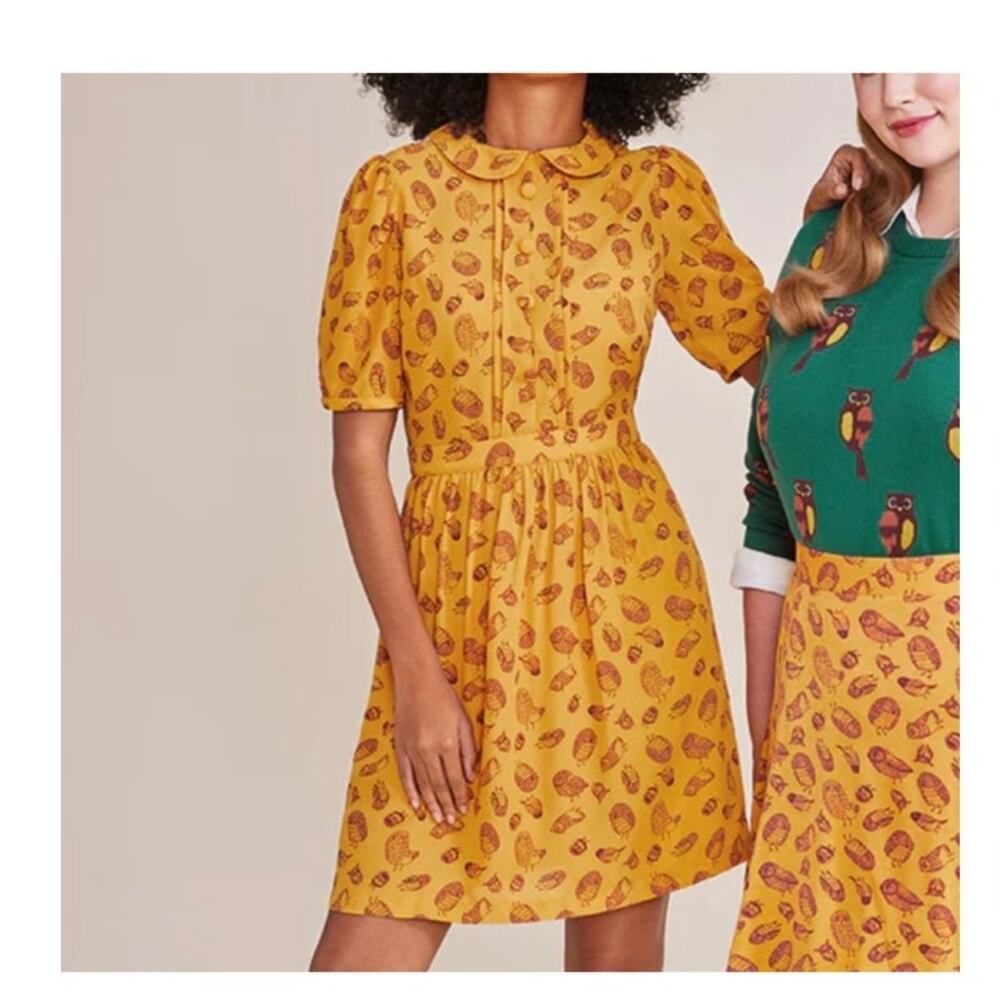 ModCloth When in Wonderland Owl Yellow Dress size 2  NWT